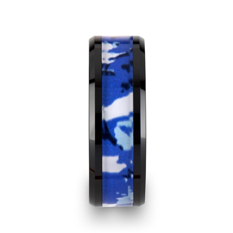 Black Ceramic 8mm Ring with Blue and White Camo Inlay - Camo Ever After