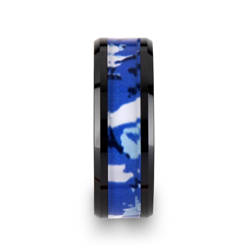 Black Ceramic 8mm Ring with Blue and White Camo Inlay 