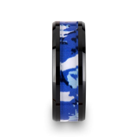Black Ceramic 8mm Ring with Blue and White Camo Inlay