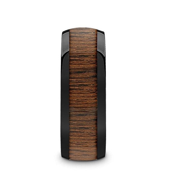 Black Walnut Wood Inlay Ring - Ceramic Domed 8mm 