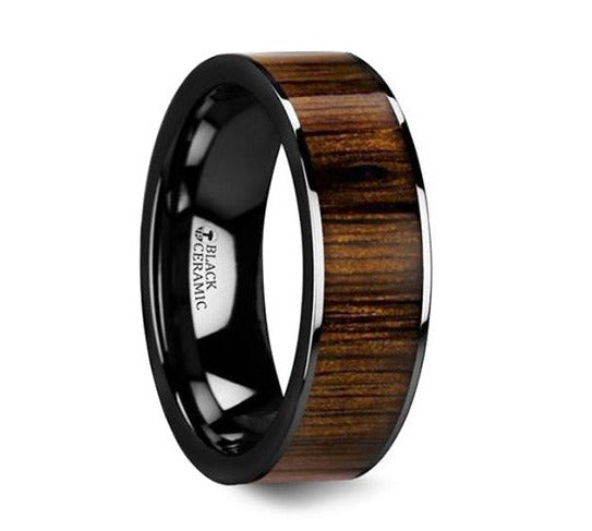 Black Walnut Wood Inlay Band in Black Ceramic | Camo Ever After