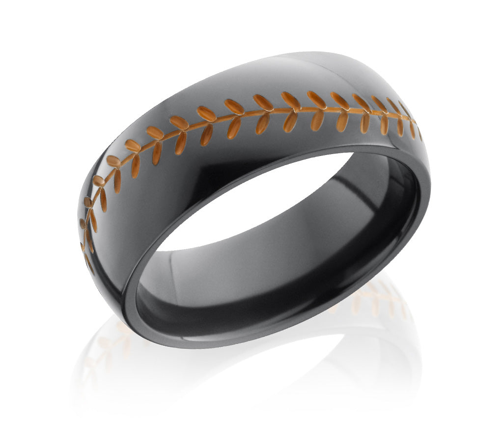black baseball ring with orange stitching