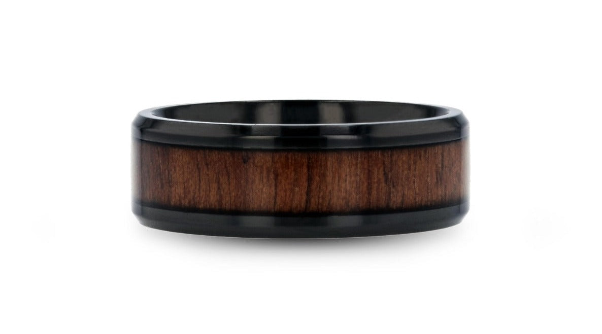 Dark Walnut Wood Inlay Ring in Black Titanium - 8mm - Camo Ever After