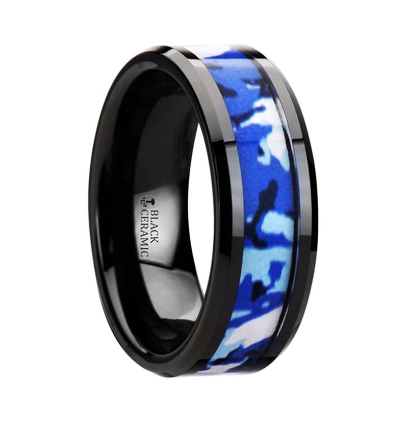 Black Ceramic 8mm Ring with Blue and White Camo Inlay - Camo Ever After