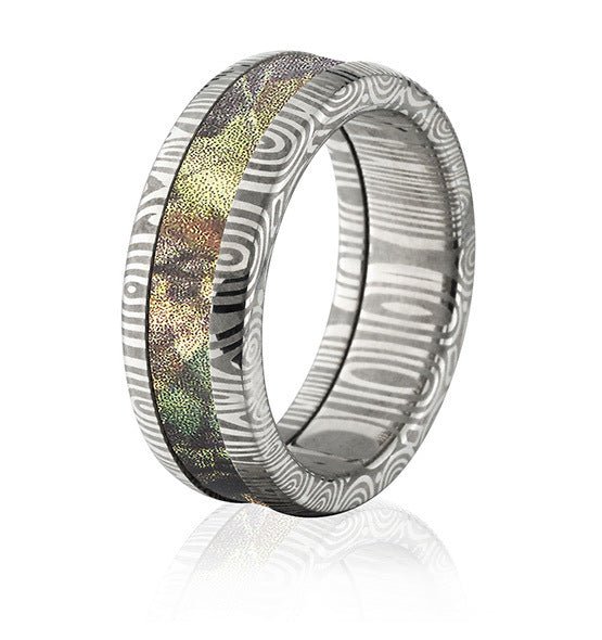 Damascus Steel Ring with Mossy Oak Inlay - 8mm Domed - Camo Ever After