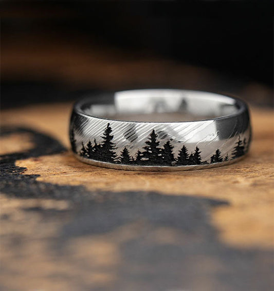 Damascus Steel Tree Line Wedding Band - Camo Ever After