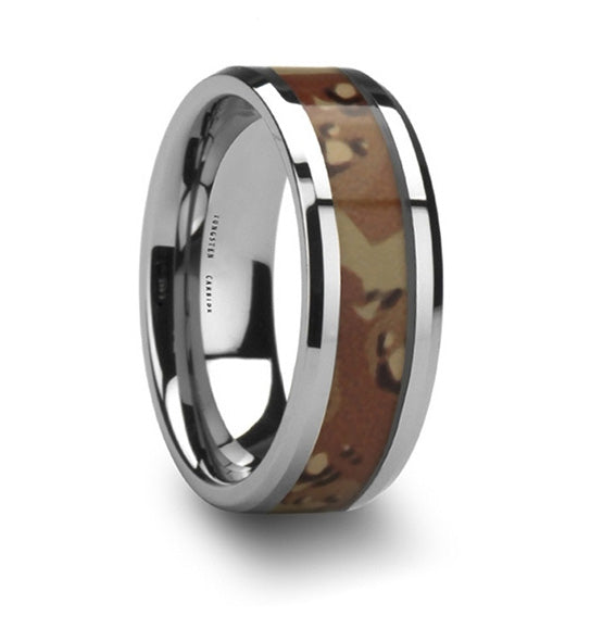 Tungsten 8mm Ring with Military Style Desert Camo Inlay - Camo Ever After