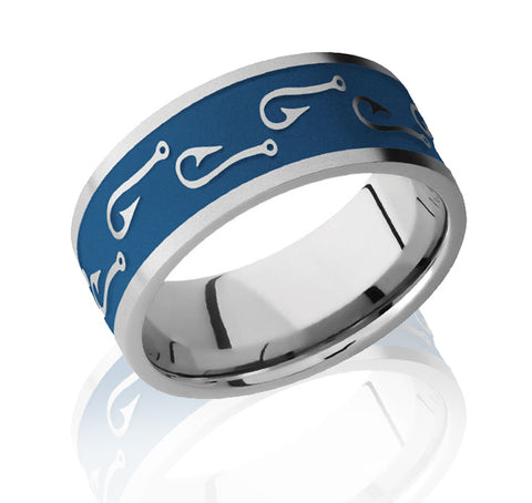Fish Hook Pattern Ring with Blue Background - 9mm