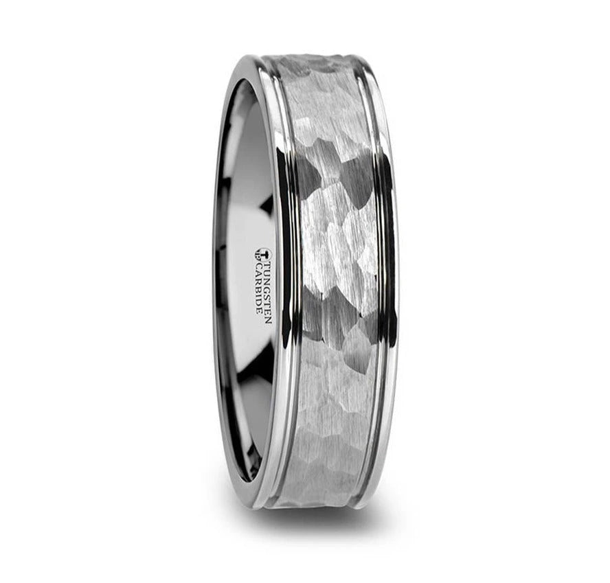 Hammered Finish Tungsten Ring with Grooved Edges - 6mm or 8mm - Camo Ever After