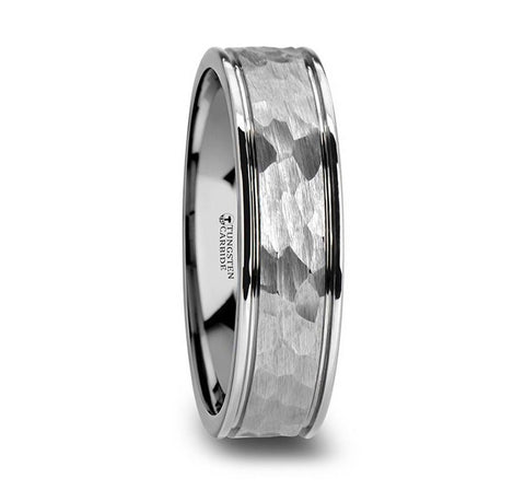 Hammered Finish Tungsten Ring with Grooved Edges - 6mm or 8mm