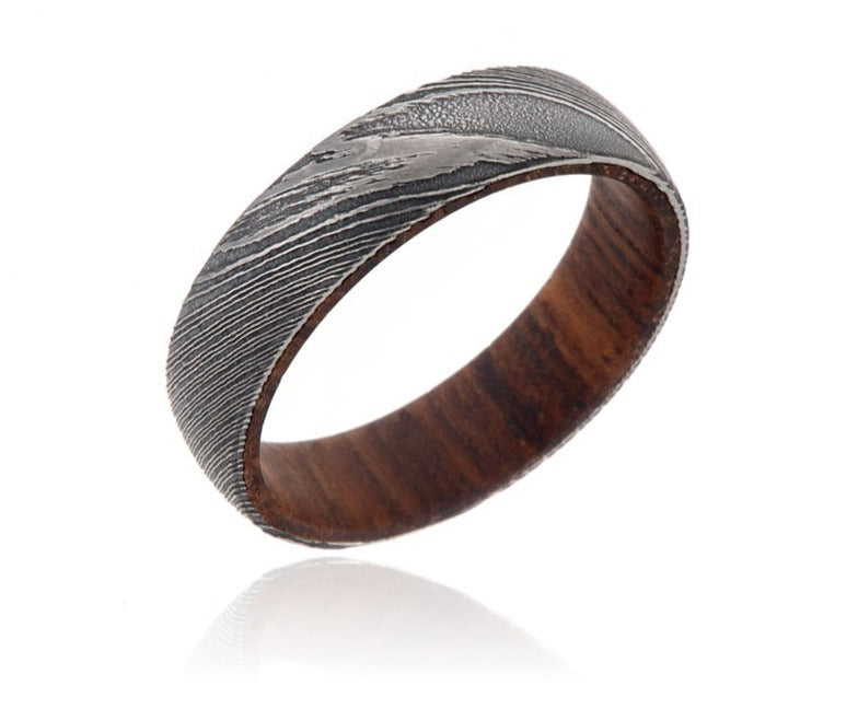 Damascus Steel Ring with Rosewood Sleeve 6mm 