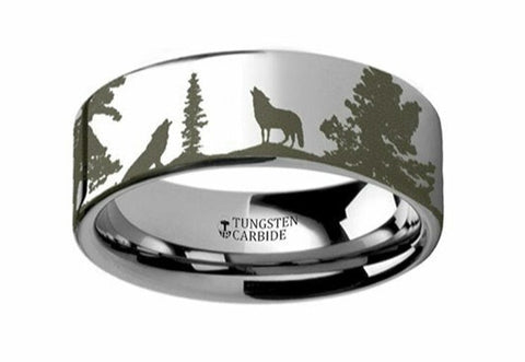 Wolves Ring Engraved Flat Tungsten